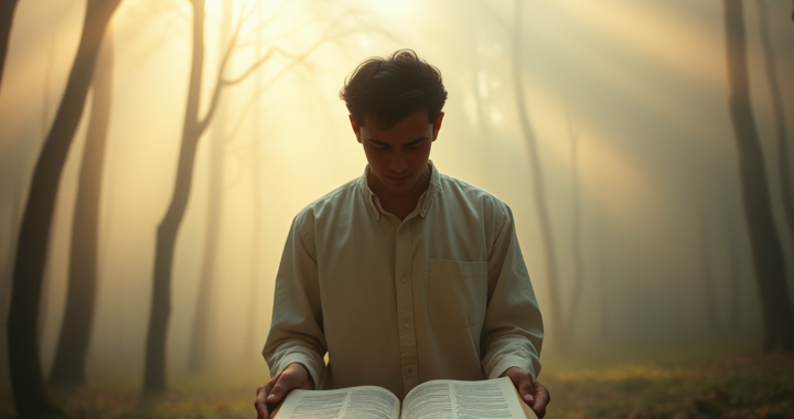 a man holding a book in the woods
